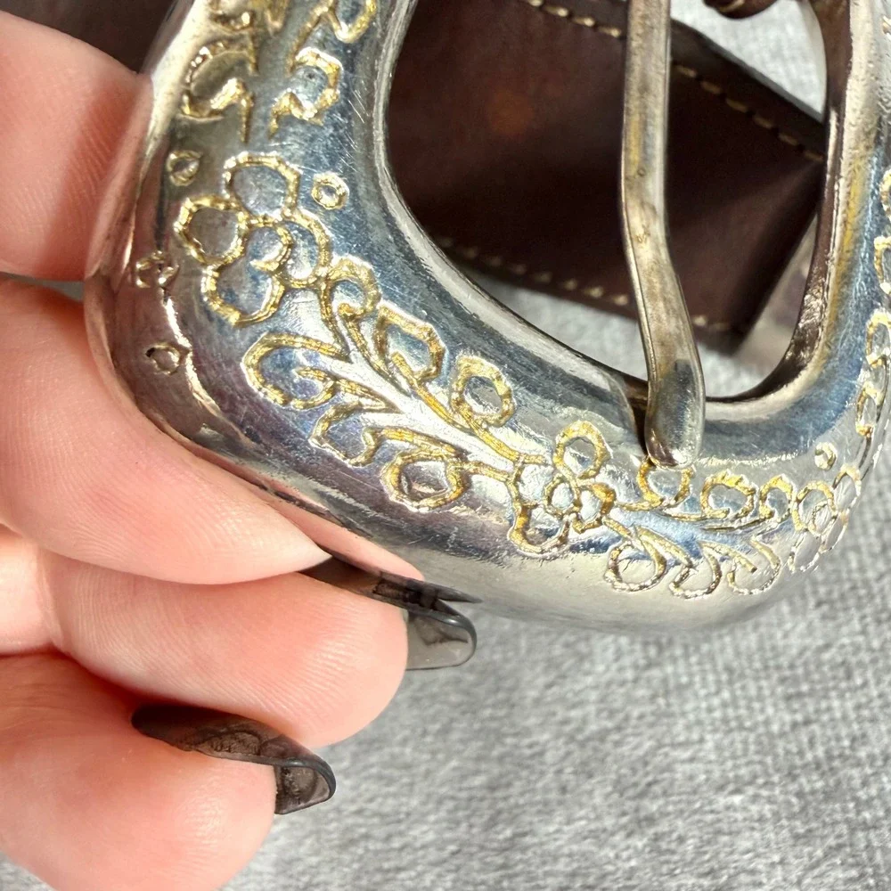 Vtg '91 Brighton Brown Leather Western‎ Belt Silver Gold Floral Concho USA Large